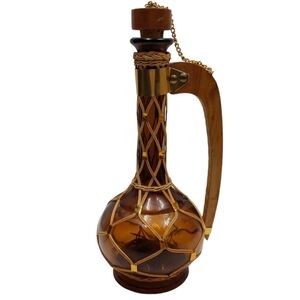 Vintage Carafe Bottle Hand Made Brown Amber  Glass Wicker Boho